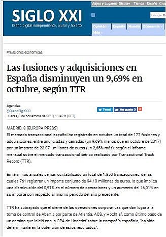 Las fusiones y adquisiciones en Espaa disminuyen un 9,69% en octubre, segn TTR